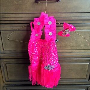 Revolution Dance Competition Costume  Pink Sequin Fringe with matching hair Bow